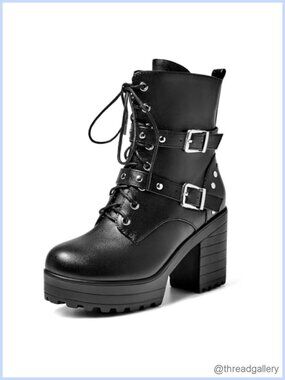 Women’s Ankle Boots Round Toe Gothic Chunky Platform Combat Boots Lace Up Side
